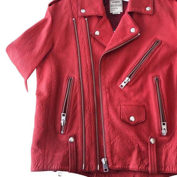 Zadig & Voltaire Women's Size Large Liya Cuir Moto Biker Leather Jacket Red - Picture 13 of 16